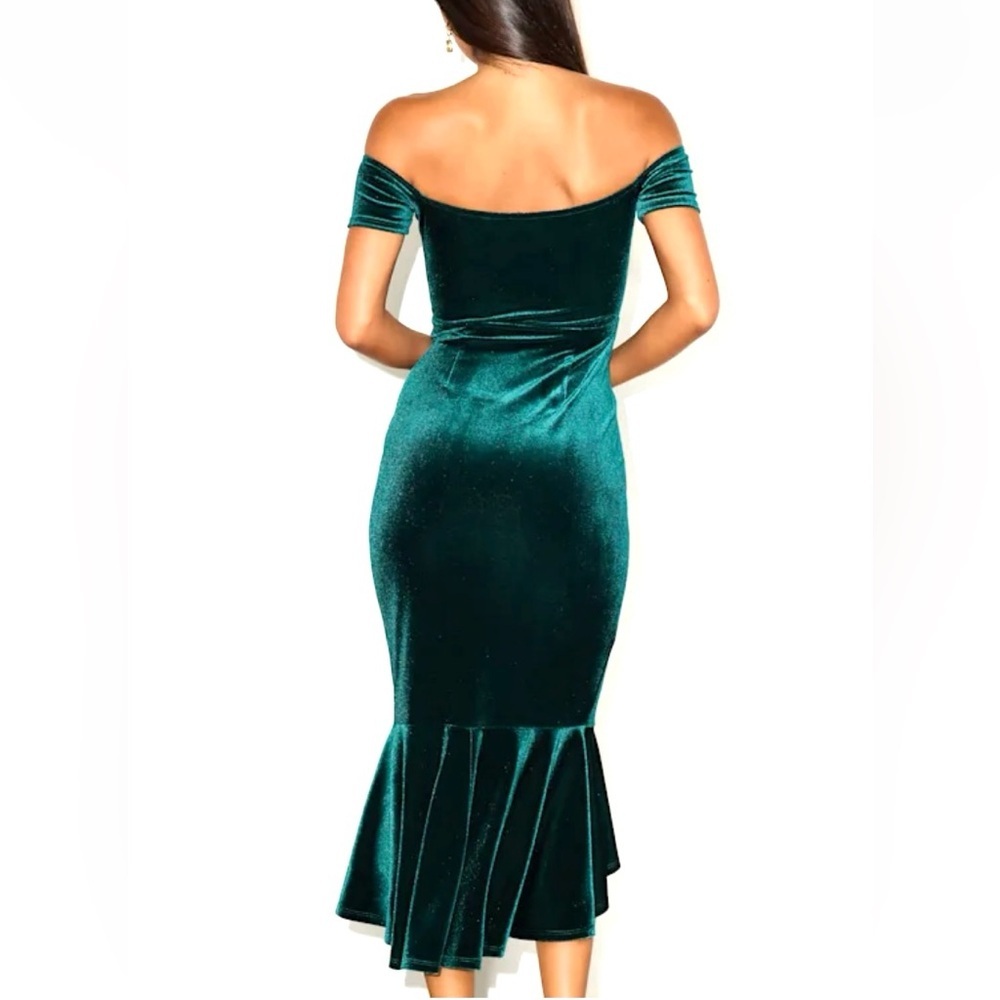 Lulus How Much I Care Dark Teal Velvet Off-the-Shoulder Midi Dress Medium NWOT - Picture 4 of 6